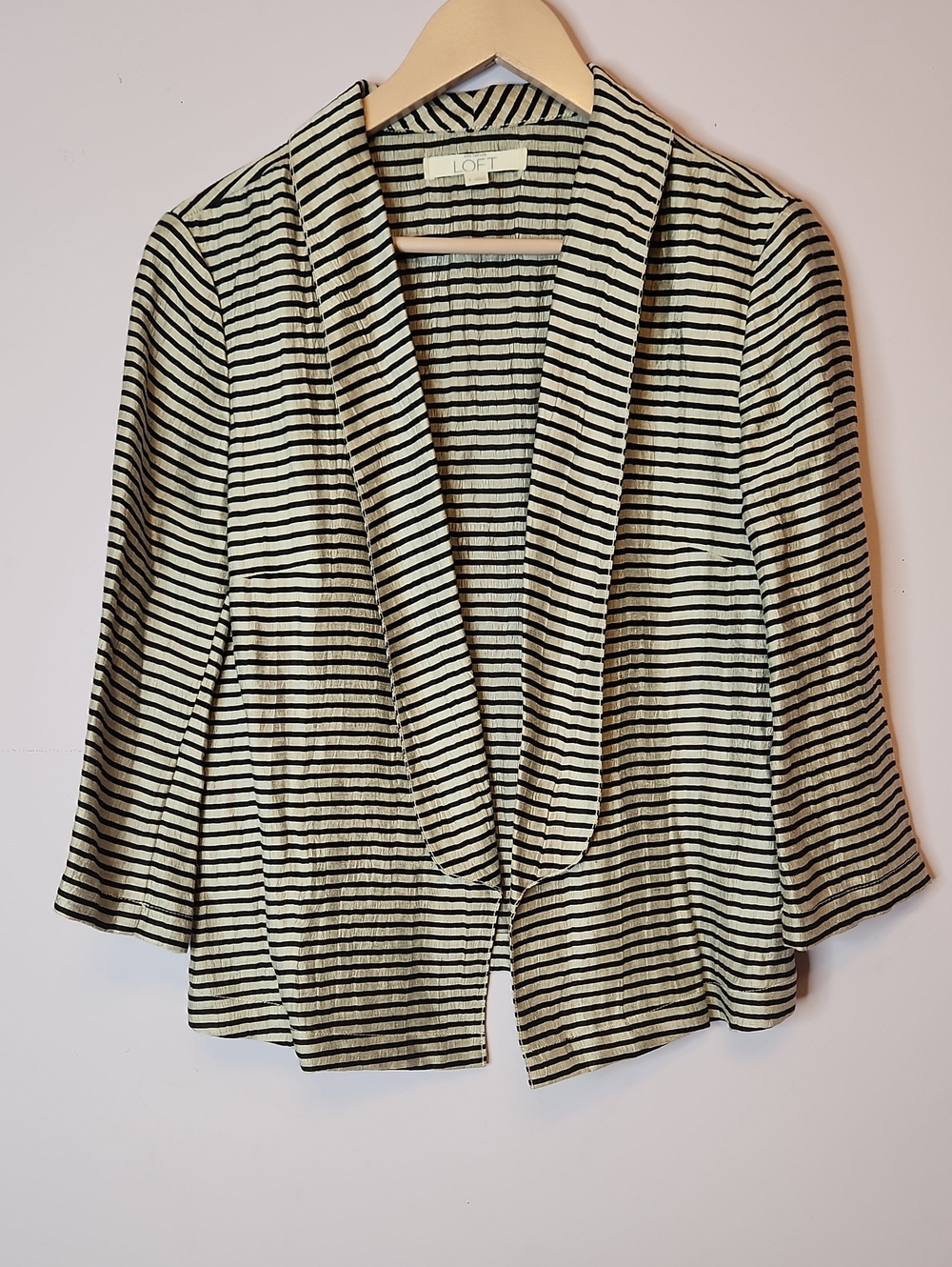 LOFT Linen Blend Cream and Black Striped Open Front Blazer, size 8